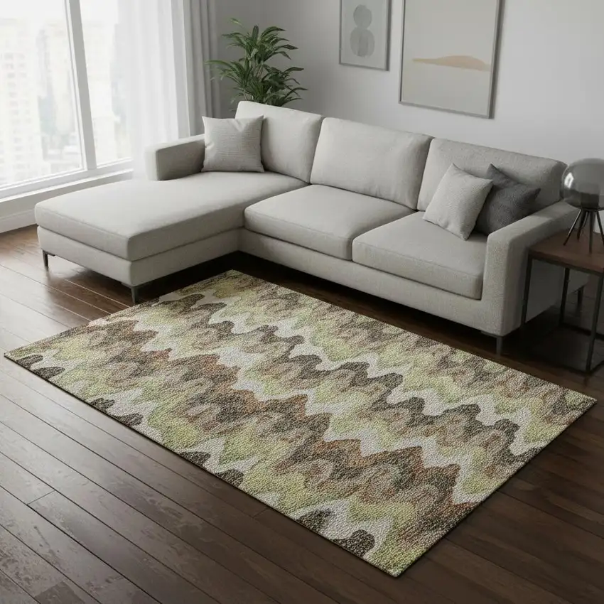 Chocolate Green And Beige Abstract Washable Area Rug With UV Protection Photo 2