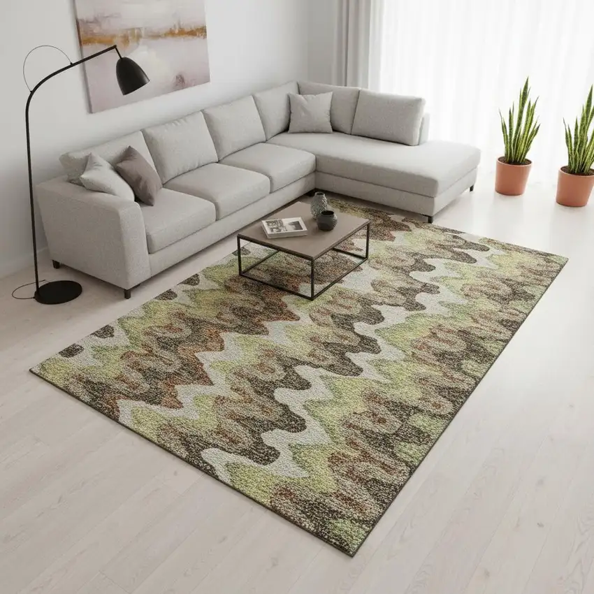 Chocolate Green And Beige Abstract Washable Area Rug With UV Protection Photo 2