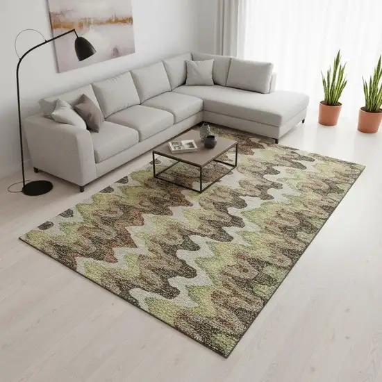 Chocolate Green And Beige Abstract Washable Area Rug With UV Protection Photo 2