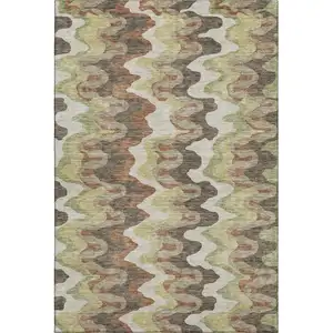 Photo of Chocolate Green And Beige Abstract Washable Area Rug With UV Protection