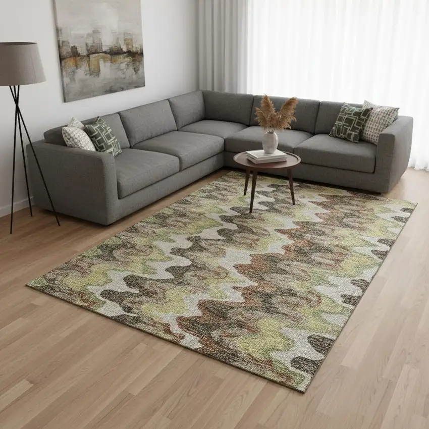 Chocolate Green And Beige Abstract Washable Area Rug With UV Protection Photo 2