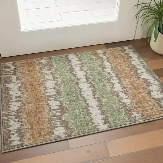 Chocolate Green And Beige Striped Washable Area Rug With UV Protection Photo 2