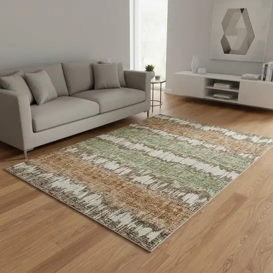 Chocolate Green And Beige Striped Washable Area Rug With UV Protection Photo 2