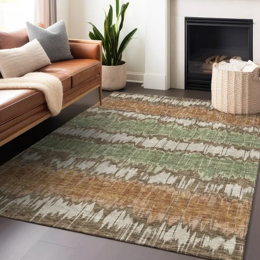 Chocolate Green And Beige Striped Washable Area Rug With UV Protection Photo 5