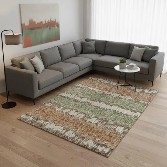 Chocolate Green And Beige Striped Washable Area Rug With UV Protection Photo 2