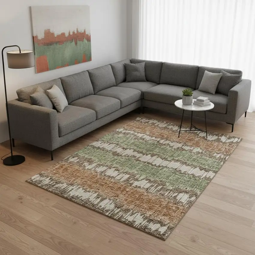 Chocolate Green And Beige Striped Washable Area Rug With UV Protection Photo 2