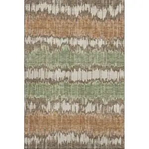Photo of Chocolate Green And Beige Striped Washable Area Rug With UV Protection