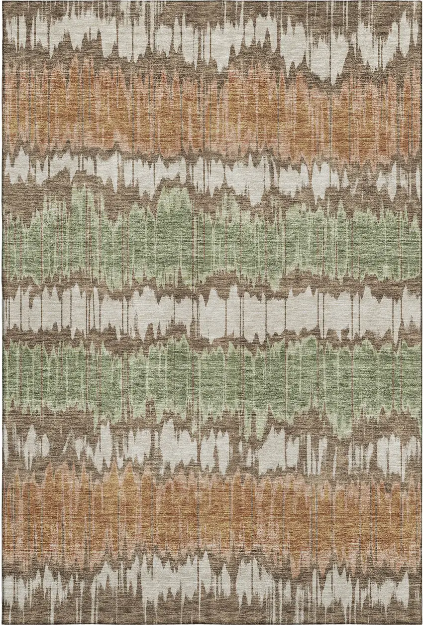 Chocolate Green And Beige Striped Washable Area Rug With UV Protection Photo 1