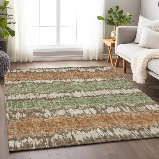 Chocolate Green And Beige Striped Washable Area Rug With UV Protection Photo 4