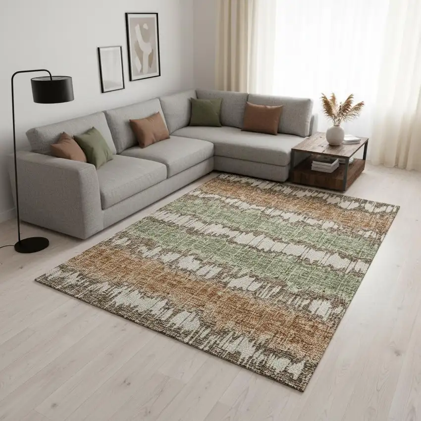 Chocolate Green And Beige Striped Washable Area Rug With UV Protection Photo 2