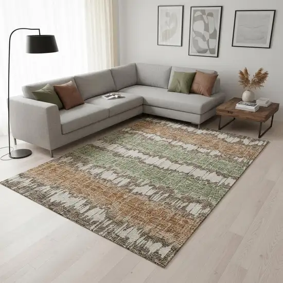 Chocolate Green And Beige Striped Washable Area Rug With UV Protection Photo 2