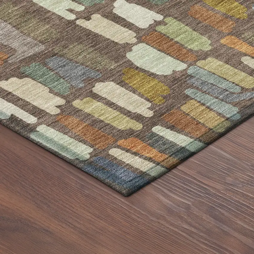 Chocolate Green And Blue Striped Washable Indoor Outdoor Area Rug Photo 5