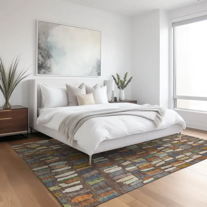 Chocolate Green And Blue Striped Washable Indoor Outdoor Area Rug Photo 6