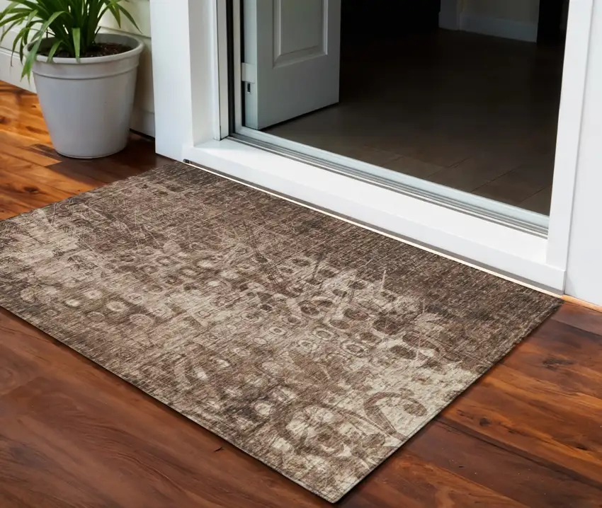 Chocolate Ikat Washable Non Skid Indoor Outdoor Area Rug Photo 1
