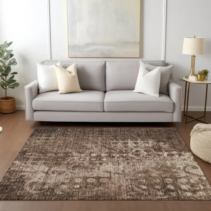 Chocolate Ikat Washable Non Skid Indoor Outdoor Area Rug Photo 8