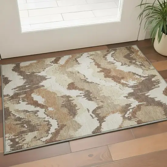 Chocolate Ivory And Beige Abstract Washable Area Rug With UV Protection Photo 1