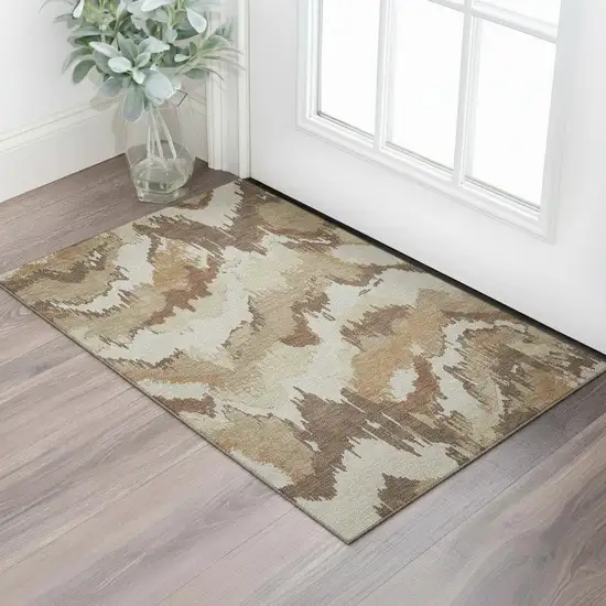 Chocolate Ivory And Beige Abstract Washable Area Rug With UV Protection Photo 1