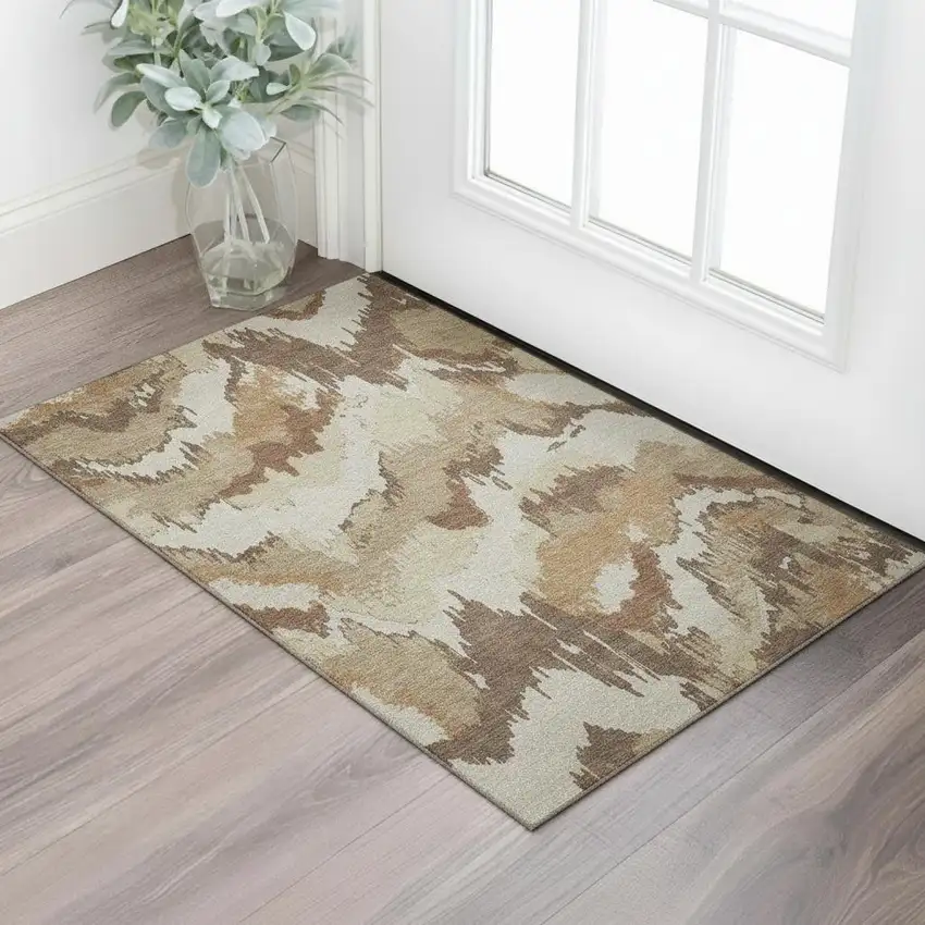 Chocolate Ivory And Beige Abstract Washable Area Rug With UV Protection Photo 1