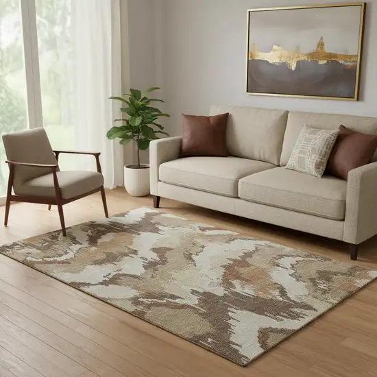 Chocolate Ivory And Beige Abstract Washable Area Rug With UV Protection Photo 1