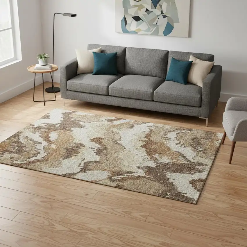 Chocolate Ivory And Beige Abstract Washable Area Rug With UV Protection Photo 1