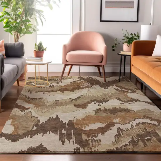 Chocolate Ivory And Beige Abstract Washable Area Rug With UV Protection Photo 7