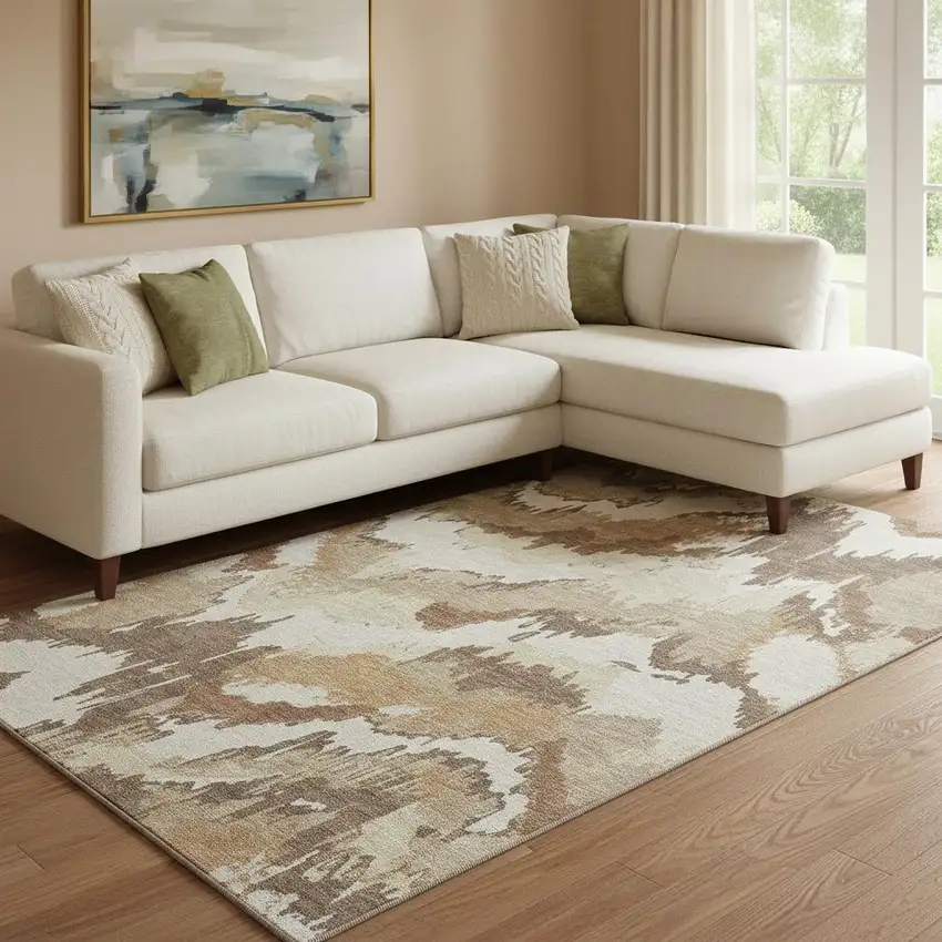 Chocolate Ivory And Beige Abstract Washable Area Rug With UV Protection Photo 1