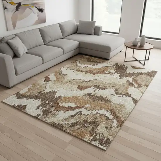 Chocolate Ivory And Beige Abstract Washable Area Rug With UV Protection Photo 1