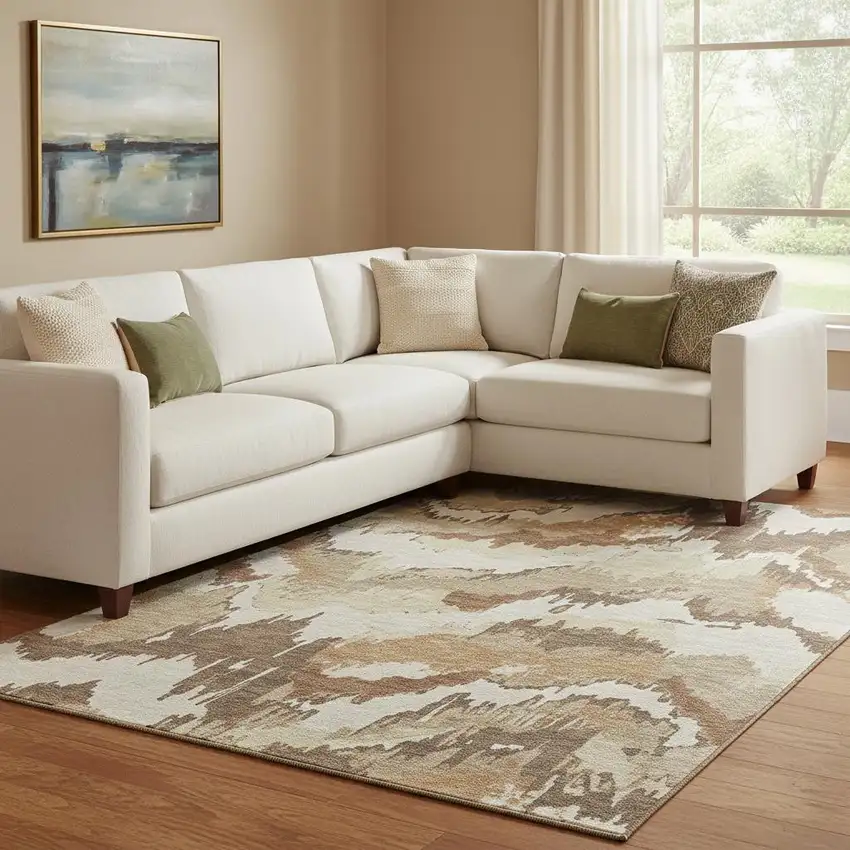 Chocolate Ivory And Beige Abstract Washable Area Rug With UV Protection Photo 1