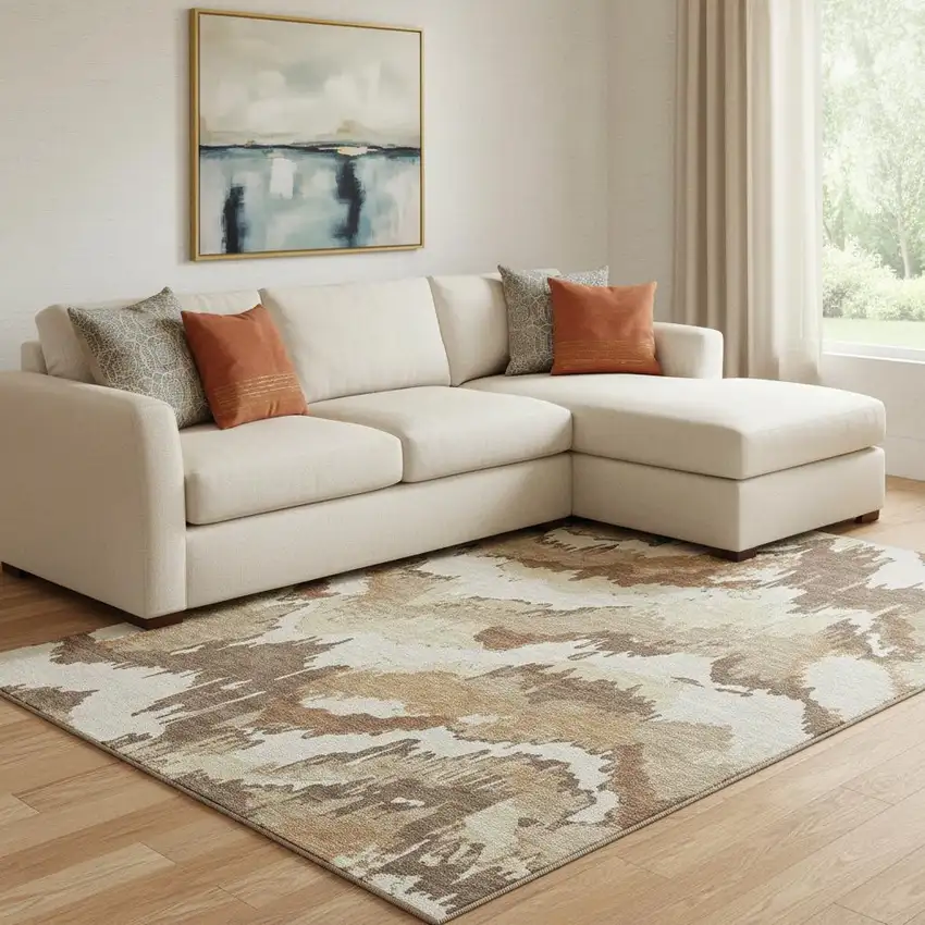 Chocolate Ivory And Beige Abstract Washable Area Rug With UV Protection Photo 1