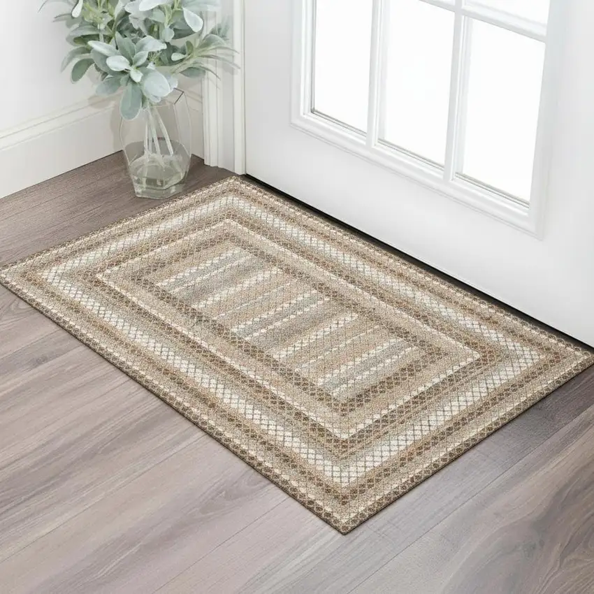 Chocolate Ivory And Beige Geometric Washable Area Rug With UV Protection Photo 2
