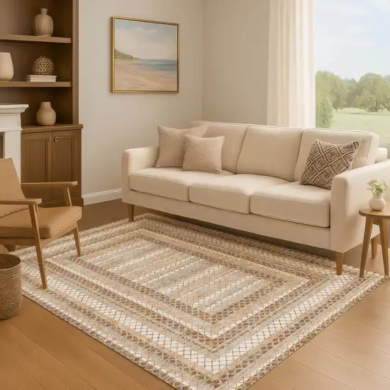 Chocolate Ivory And Beige Geometric Washable Area Rug With UV Protection Photo 6
