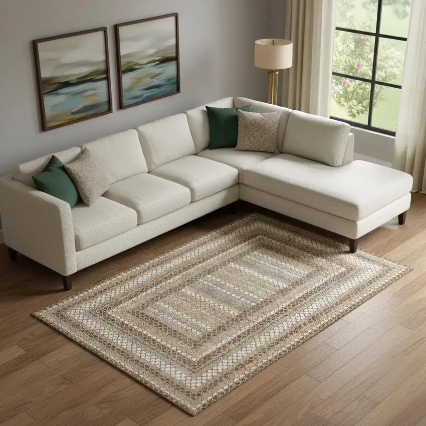 Chocolate Ivory And Beige Geometric Washable Area Rug With UV Protection Photo 2