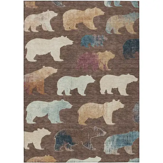 Chocolate Ivory And Blue Animal Print Washable Indoor Outdoor Area Rug Photo 2