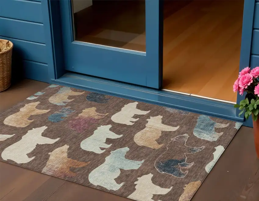 Chocolate Ivory And Blue Animal Print Washable Indoor Outdoor Area Rug Photo 1