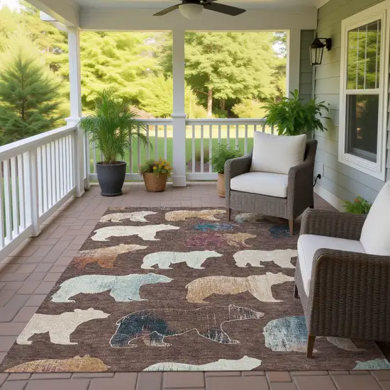 Chocolate Ivory And Blue Bear Washable Indoor Outdoor Area Rug Photo 9