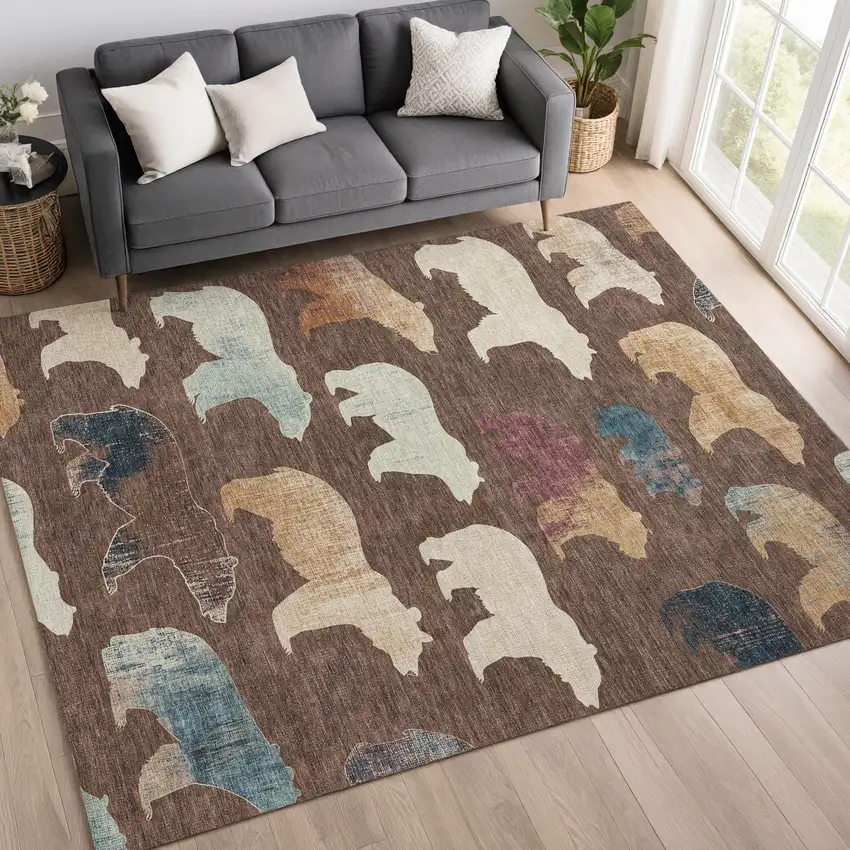 Chocolate Ivory And Blue Bear Washable Indoor Outdoor Area Rug Photo 9