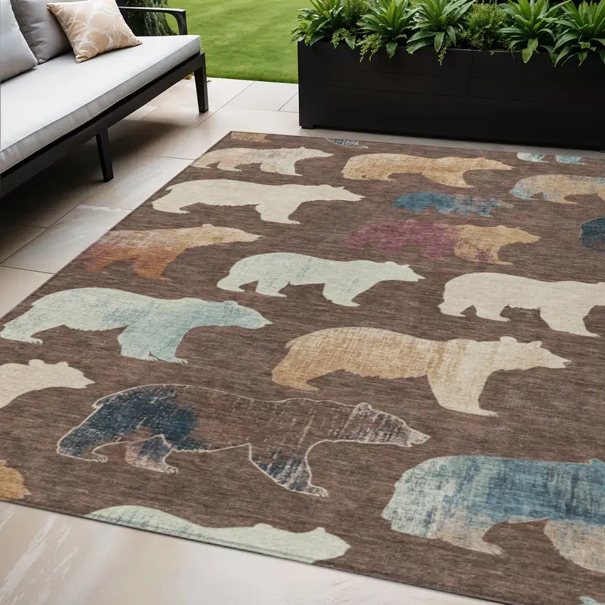 Chocolate Ivory And Blue Animal Print Washable Indoor Outdoor Area Rug Photo 1