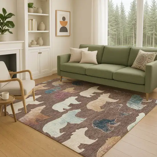 Chocolate Ivory And Blue Animal Print Washable Indoor Outdoor Area Rug Photo 9