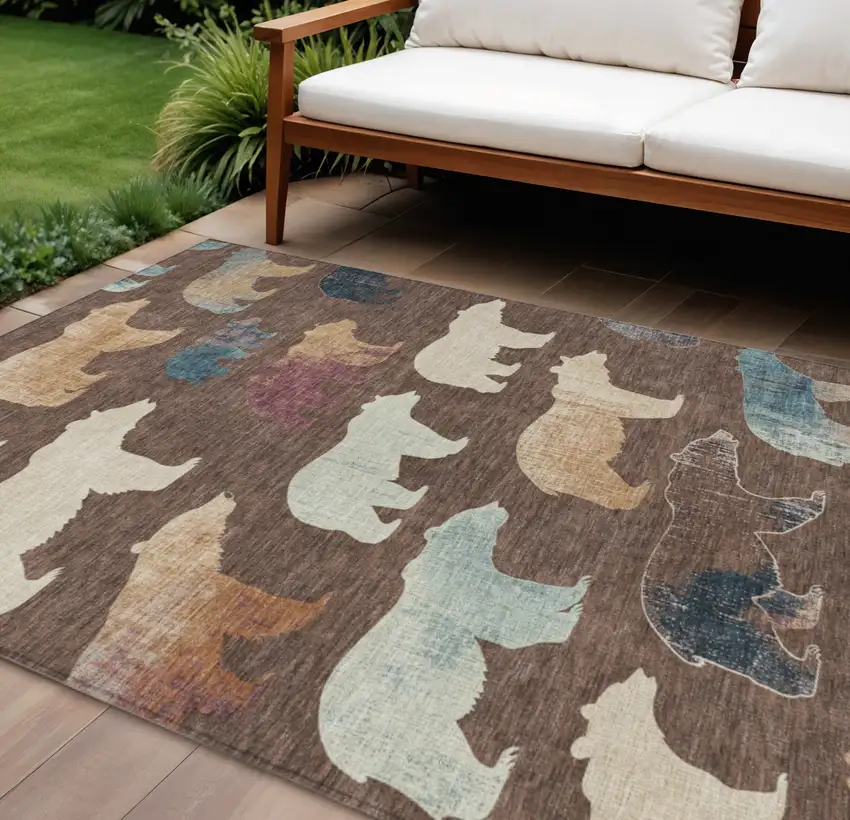 Chocolate Ivory And Blue Animal Print Washable Indoor Outdoor Area Rug Photo 1