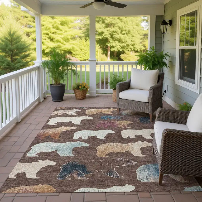 Chocolate Ivory And Blue Bear Washable Indoor Outdoor Area Rug Photo 9