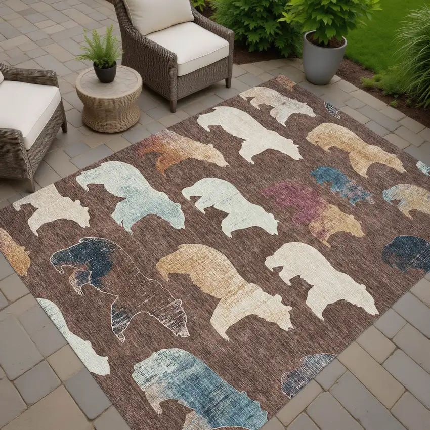 Chocolate Ivory And Blue Animal Print Washable Indoor Outdoor Area Rug Photo 7