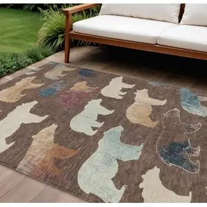 Photo of Chocolate Ivory And Blue Animal Print Washable Indoor Outdoor Area Rug