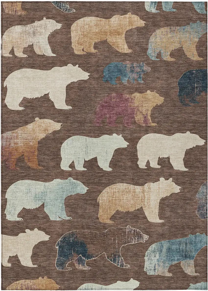 Chocolate Ivory And Blue Animal Print Washable Indoor Outdoor Area Rug Photo 2