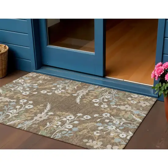 Chocolate Ivory And Blue Floral Washable Indoor Outdoor Area Rug Photo 1