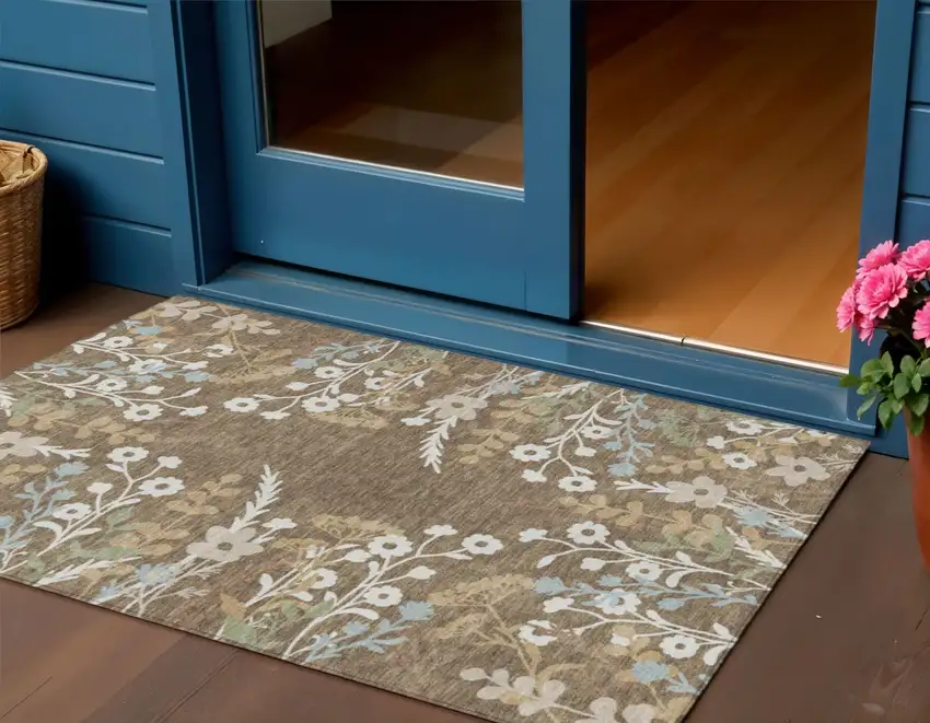 Chocolate Ivory And Blue Floral Washable Indoor Outdoor Area Rug Photo 1