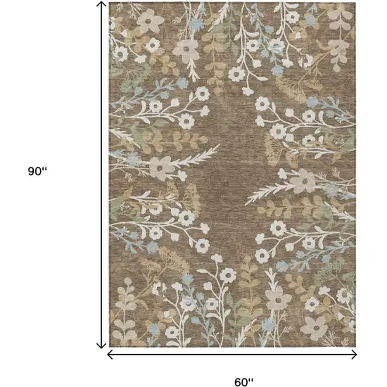 Chocolate Ivory And Blue Floral Washable Indoor Outdoor Area Rug Photo 3