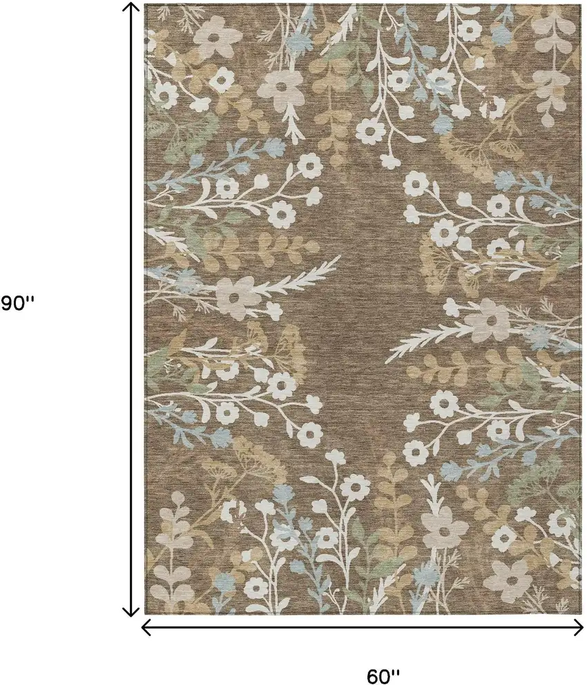 Chocolate Ivory And Blue Floral Washable Indoor Outdoor Area Rug Photo 3