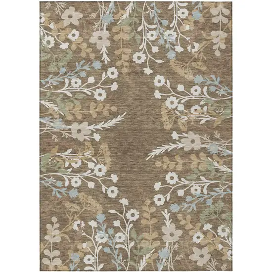 Chocolate Ivory And Blue Floral Washable Indoor Outdoor Area Rug Photo 2