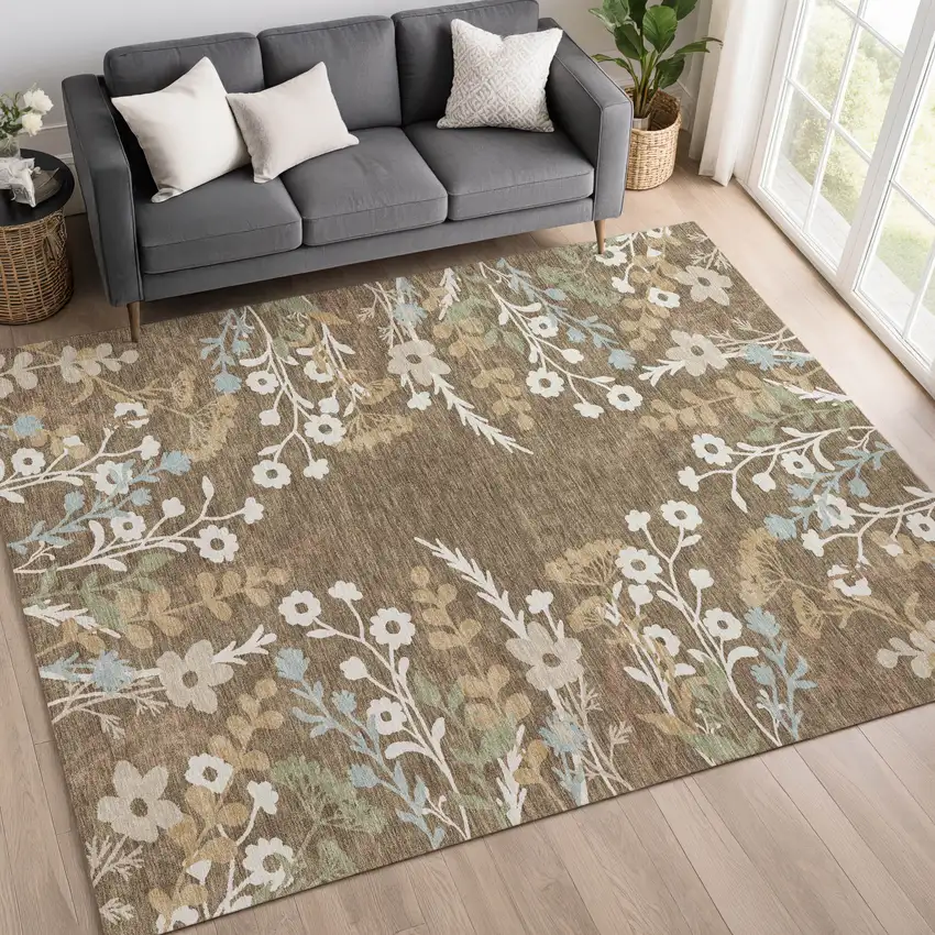 Chocolate Ivory And Blue Floral Washable Indoor Outdoor Area Rug Photo 9