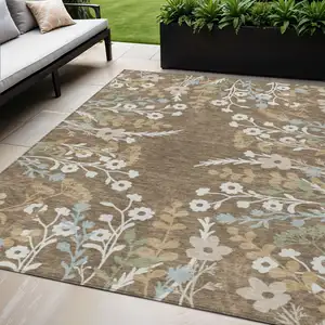 Photo of Chocolate Ivory And Blue Floral Washable Indoor Outdoor Area Rug